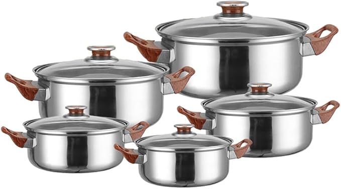 Nonstick Kitchen Cookware Sets Stainless Steel Cookware Pot Stainless Steel Cooking Pot Set with Glass Lids for Gas Electric Halogen Ceramic Induction Hobs