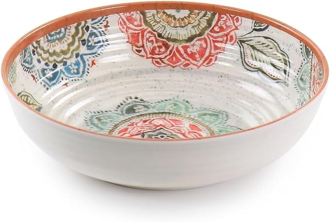 12 Piece Melamine Dinnerware Set – Shatterproof Mandala Plates and Bowls with Ribbed Texture – Lightweight Outdoor &amp Indoor Dish Set Dishwasher Safe