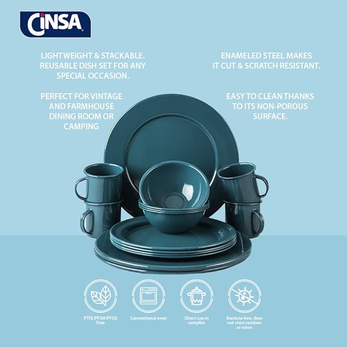 Cinsa 16 Piece. Enameled Dinnerware Camping/Outdoor Set for 4. Includes Plates Bowls Mugs Coffee Boiler