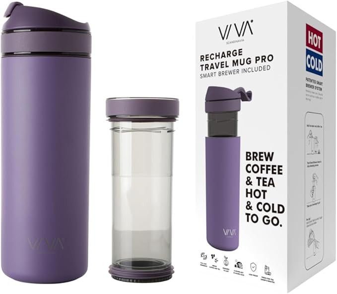 VIVA Recharge Purple Insulated Tea &amp Coffee Mug &amp Travel French Press Coffee Maker 16 oz Brew &amp Drink From the Same Mug On the Go or Camping