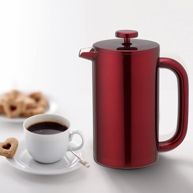 8-Cup Double Wall Insulated Stainless Steel French Coffee Press 32-Ounce Durable Coffee Tea Maker with Stainless Steel Plunger Red