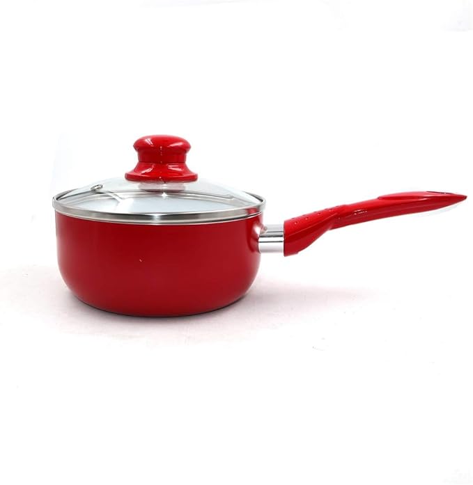 White Ceramic Coating Red Cookware Set Soup Pot and Frying Pan Milk Pot and Glass Lid Total 7PCS Non-Stick Pan (Green Variety Pack)