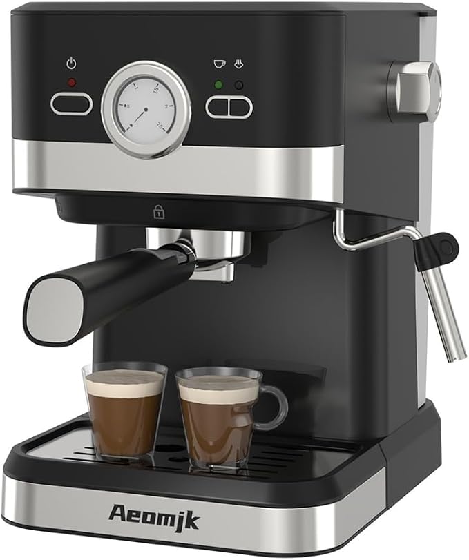 Aeomjk Electric Coffee Machine with Milk Frothing System 20Bar Mini Coffee Maker with Portafilter and Visual Single and Double Serve 1.6Qt Water Tank for Latte Espresso Cappuccino