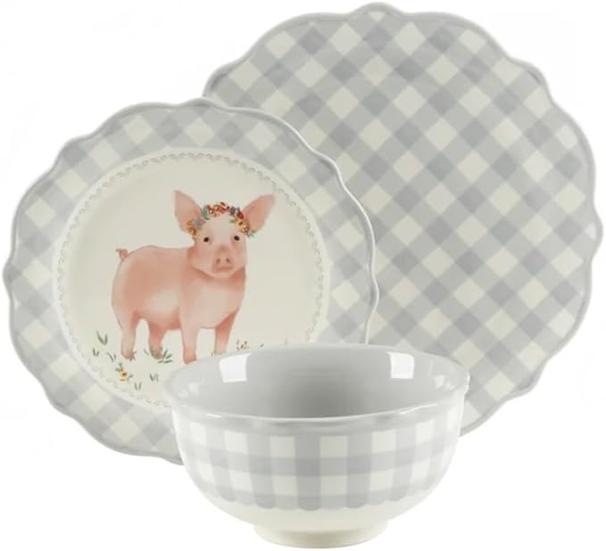 Pig Gingham 12-Piece Ceramic Dinnerware Set