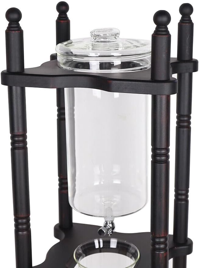 Ice Drip Coffee Maker 2500ml Cold Brew Coffee Tower Slow Drip Japanese Cold Brew Maker Drip Ice Coffee Tower Glass Dutch Coffee Dripper with Wood Straight Frame (Black)
