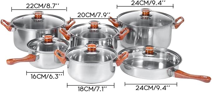 Stainless Steel Pots and Pans Set Kitchen Utensils Set with Soup Pot Pan Frying Pan with Lid 12 Pieces