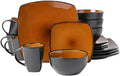 16 Piece Square Two-Tone Stoneware Dinnerware Set For 4 | Reactive Glaze FinishDishwasher &amp Microwave Safe Expertly Crafted | Perfect for Kitchen Dining Black Orangish Shade Modern Appearance