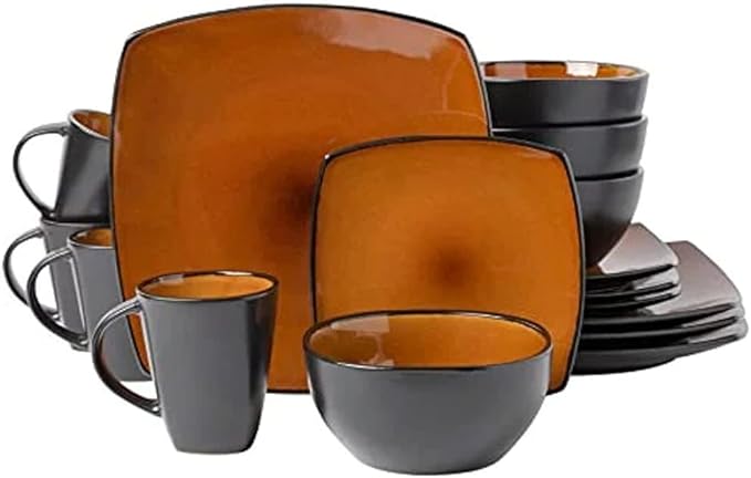 16 Piece Square Two-Tone Stoneware Dinnerware Set For 4 | Reactive Glaze FinishDishwasher &amp Microwave Safe Expertly Crafted | Perfect for Kitchen Dining Black Orangish Shade Modern Appearance