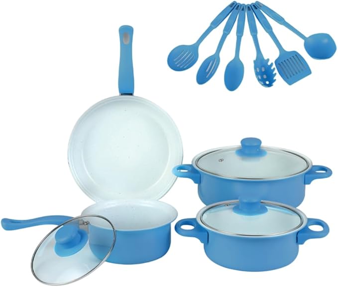 13 Piece Set Cookware Set Non-Stick Portable Lightweight Iron Pots and Pans with Glass Lids and Nylon Utensils for Outdoor Camping Picnic Travel Cookware