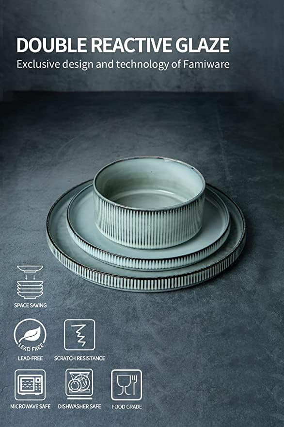 Famiware Dinnerware Set for 4 (12 Piece) and 4oz Dipping Bowl Set (6 Piece) - Star Stoneware Dishes - Smoky Blue