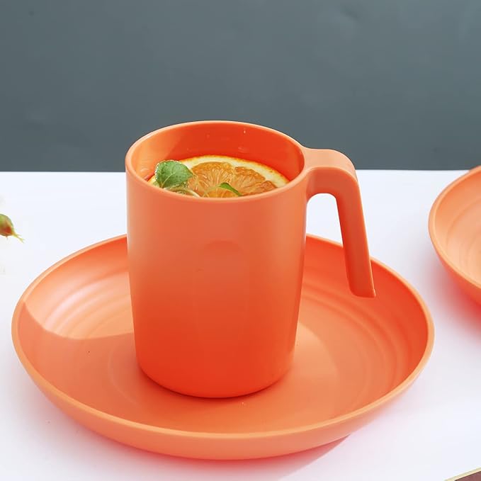 Kyraton Plastic Dinnerware Set of 16 Pieces Unbreakable And Reusable Light Weight Plates Mugs Bowls Dishes Easy to Carry And Clean Microwave Safe BPA Free Dishwasher Safe Service For 4 (Orange)