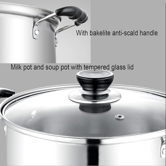 3-Piece Stainless Steel Cookware Set with Lids – Nonstick Soup Pot Milk Pan &amp Frying Pan for Induction Gas and Electric Stoves