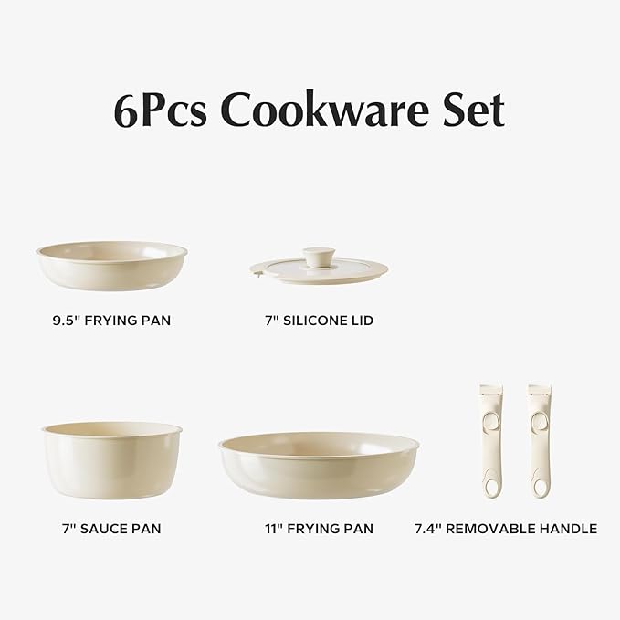 Redchef Ceramic Pots and Pans Set Non Stick Nonstick Kitchen Cookware Sets Non Toxic Pots and Pans Set Non Stick PFAS PFOA &amp PTFE Free Detachable Handle Pots and Pans 6 Piece RV Cookware (Cre