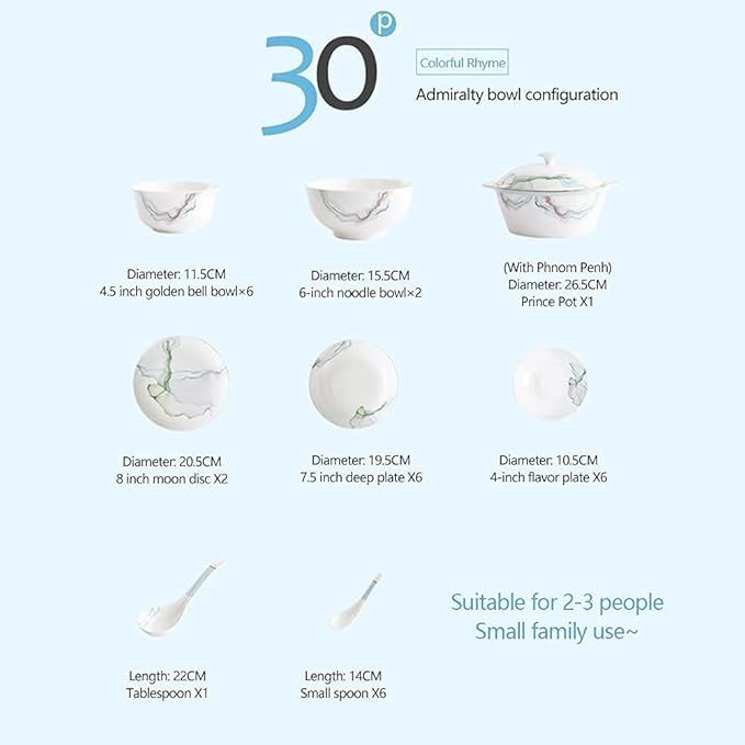 Dinnerware Sets - Luxury Gift Dishes Service Set 30PCS Chinese Style Bone China Dinnerware Set Household Phnom Penh Ceramic Bowl Dishes Plate Service for 3