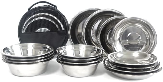 Outdoor Camping Dinnerware SetStainless Steel Plates and Bowls Camping Set Stainless 304 for Camping Hiking Beach Outdoor Use (17p)
