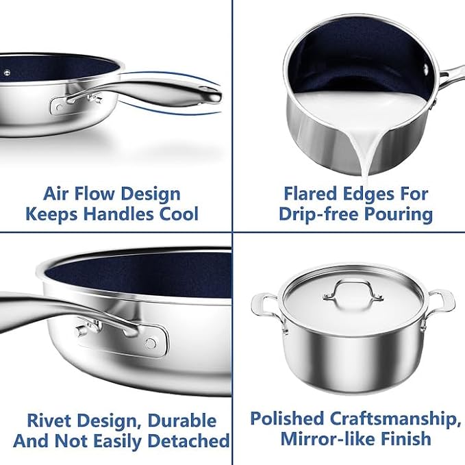 Nuwave Pro-Smart 9pc Stainless Steel Cookware Set Healthy Duralon Blue Non-Stick Ceramic Coating Heavy-Duty Tri-Ply Construction Ergonomic Stay-Cool Handles Induction-Ready &amp Works on All Cook