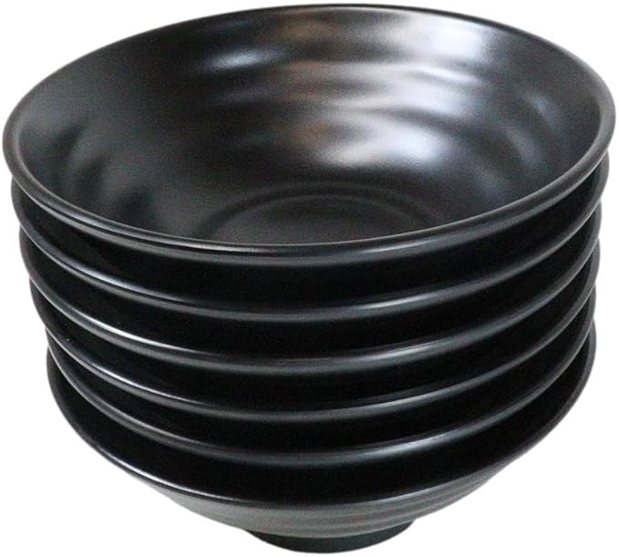 Ebros Gift Contemporary Ridged Matte Black Melamine Series Dinnerware Serveware Kitchenware Set Japanese Chinese Restaurant Supply (Pack Of 6 Large Round Ramen Soup Pasta Salad Bowls 48oz)