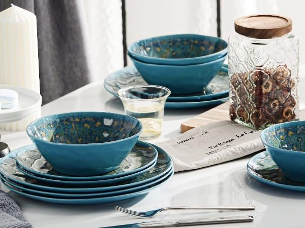 FINE&ampNICE Melamine Dinnerware Set of 12Pcs Dish Set for 4 Lightweight Unbreakable Plates and Bowls Set Great for RVs Camping Dishwasher SafeRusty Blue