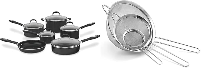Cuisinart 11-Piece Nonstick Cookware Set Black 55-11BK &amp Mesh Strainers 3 Pack Set CTG-00-3MS