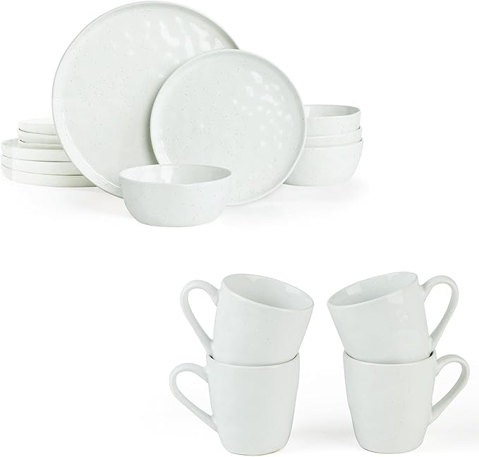 Famiware Mars Plates and Bowls Set for 4 4-Piece 14 oz Coffee Mug 16-Piece Stoneware Dinnerware Sets White