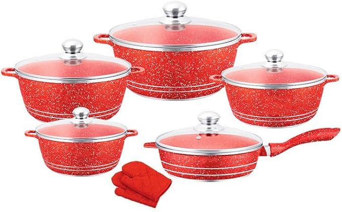 Cookware Set Non Stick 10 Piece Nonstick Aluminum Kitchenware with Glass Lids Marble Coated Pots and Pans for Frying and Cooking Essentials Red
