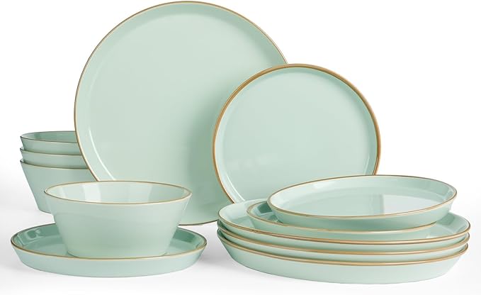 Famiware Saturn Dinnerware Sets Plates and Bowls Sets for 4 12 Pieces Stoneware Dish Set - Chip and Scratch Resistant Microwave and Dishwasher Safe Tableware Set Light Green with Rim