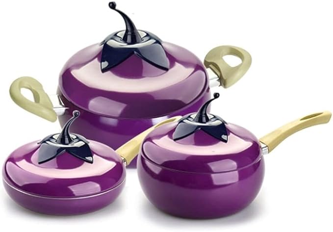 20cm Creative Eggplant Style Non-Stick Cookware Set 3-Piece Soup Pot Milk Pot &amp Frying Pan Aluminum