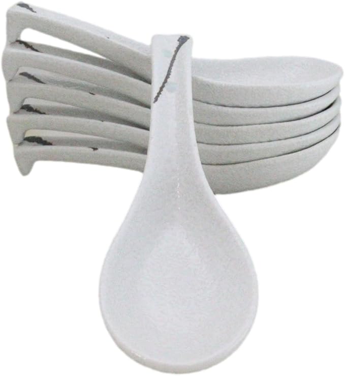 Ebros Gift Modern Yukino Hana Snow Flowers Ceramic Dinnerware Serveware Kitchenware Set Oriental Asian Restaurant Supply (Pack of 6 Asian Soup Spoons With Hook)