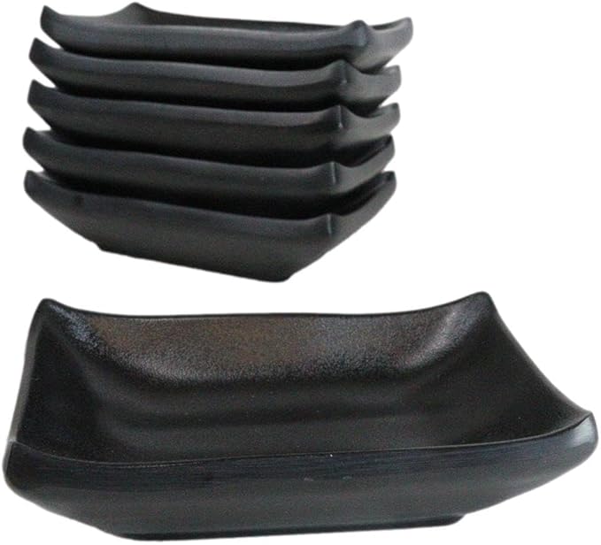 Ebros Gift Contemporary Ridged Matte Black Melamine Series Dinnerware Serveware Kitchenware Set Japanese Chinese Restaurant Supply (Pack Of 6 Rectangular Condiment Sauce Dish 2oz)