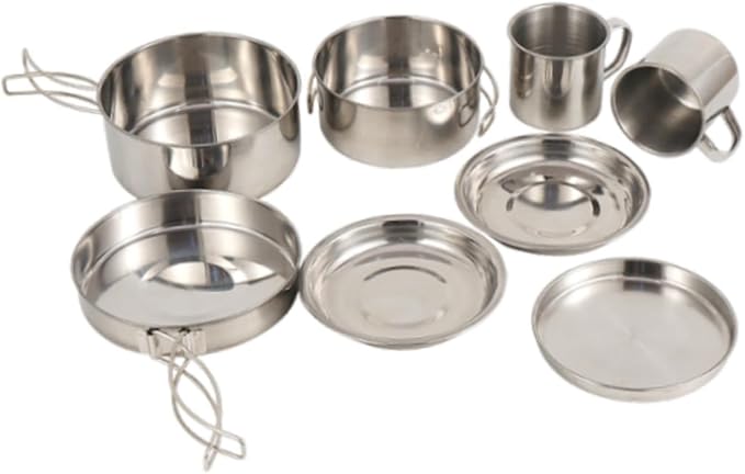 8X Camping Cookware Mess Kit Camping Utensils Set Folding Handle Cookset Pot Pan Cup Gear Outdoor Cutlery for Fishing Outdoor