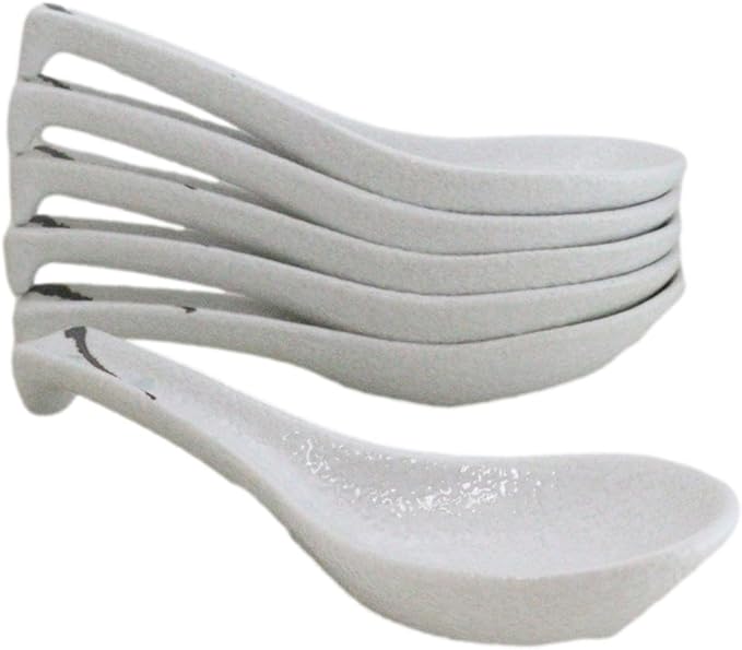 Ebros Gift Modern Yukino Hana Snow Flowers Ceramic Dinnerware Serveware Kitchenware Set Oriental Asian Restaurant Supply (Pack of 6 Asian Soup Spoons With Hook)