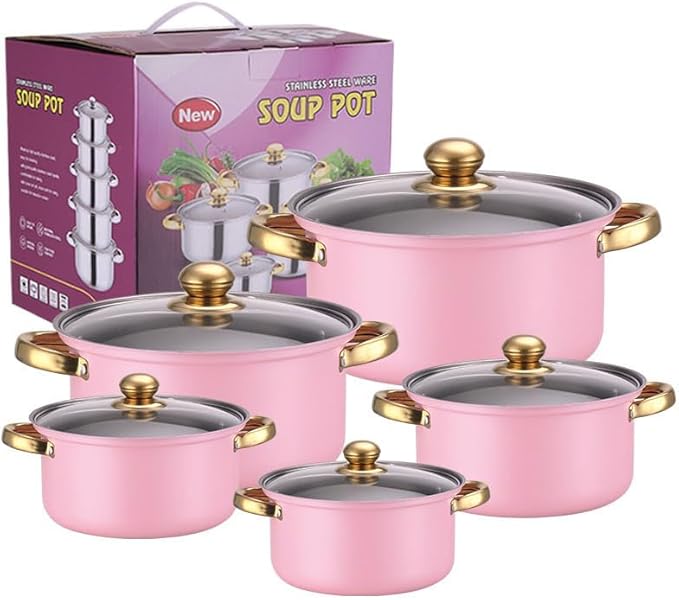 10PCS Stainless Steel Cookware Sets Nonstick Cookware Pot Dishwasher Safe Pots with Glass Lids for Soup Pasta Stew Rice Healthy Everyday Use for Gas Electric Halogen Ceramic Induction Hobs 04