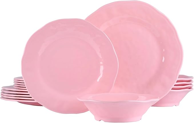 18 Piece Pink Dinnerware Set Lightweight Kitchen Dining Plates and Bowls Set Durable Melamine Dishes Set of 6 Unbreakable RV Camping Dishes Dishwasher Safe