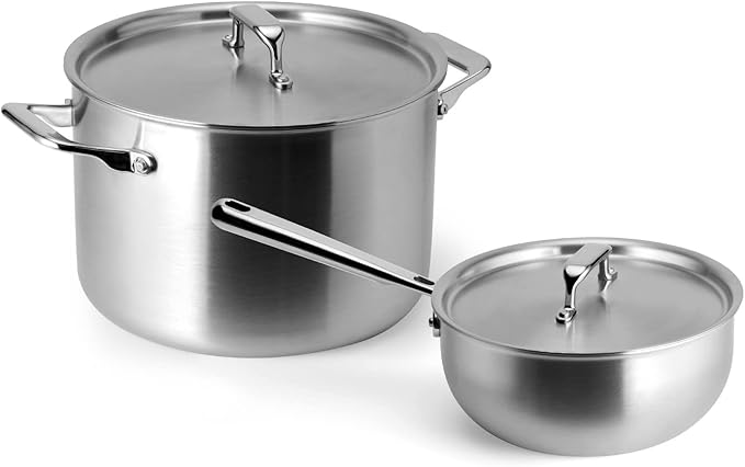 Misen 5-Ply Stainless Steel Cookware Set - Versatile Dishwasher Safe - 9-Piece Set - 10 Skillet 12 Skillet + Lid 3 QT Saute Pan + Lid 3 QT Saucier + Lid 8 QT Stockpot + Lid