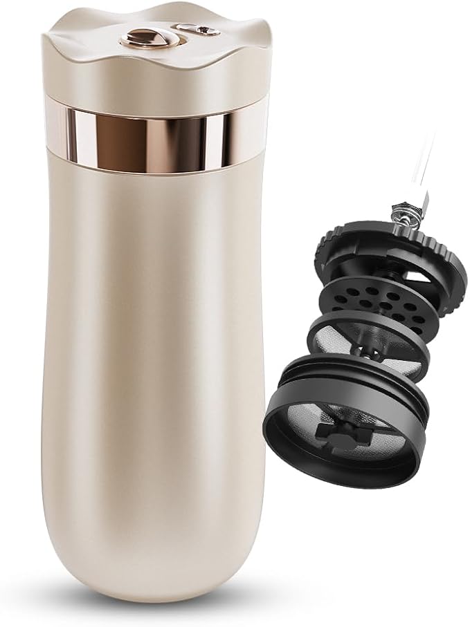 BENFUCHEN Travel Coffee Press Vacuum Insulated Portable French Press Stainless Steel Portable Coffee Maker/Tea Press 12oz Beige