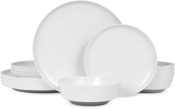 Webbylee 12-Piece Melamine Dinnerware Set for 4 – Unbreakable Plates &amp Bowls Lightweight Two-Tone White &amp Grey Ideal for Family Meals Camping Picnic Parties