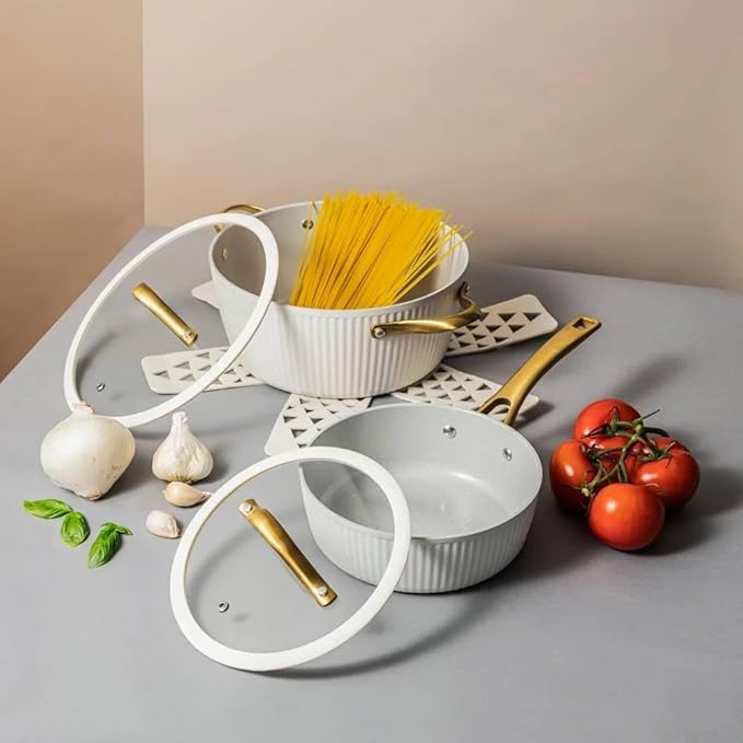 12 Pc Ceramic Cookware Set Nonstick Pots Pans and Fry Pans – Ceramic Non-Stick Ribbed Cookware Set Ergonomic Stay Cool Handles 446°F Oven Safe Dishwasher Safe (White)