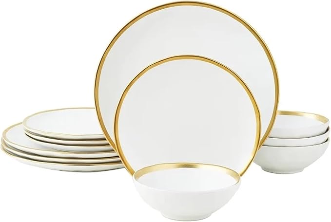 Porcelain Dinnerware Sets 12 Piece Service for 4 Dishes Round Plates Bowls Golden Rim Dish Set for Home Decor