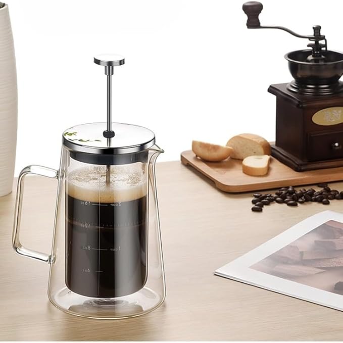 Vortex XLYTB650 Premium Double Layer French Press Coffee Maker - 650ml Heat Resistant Borosilicate Glass Pot Stainless Steel Plunger for 2-3 Cups Elegant Home Office Brew