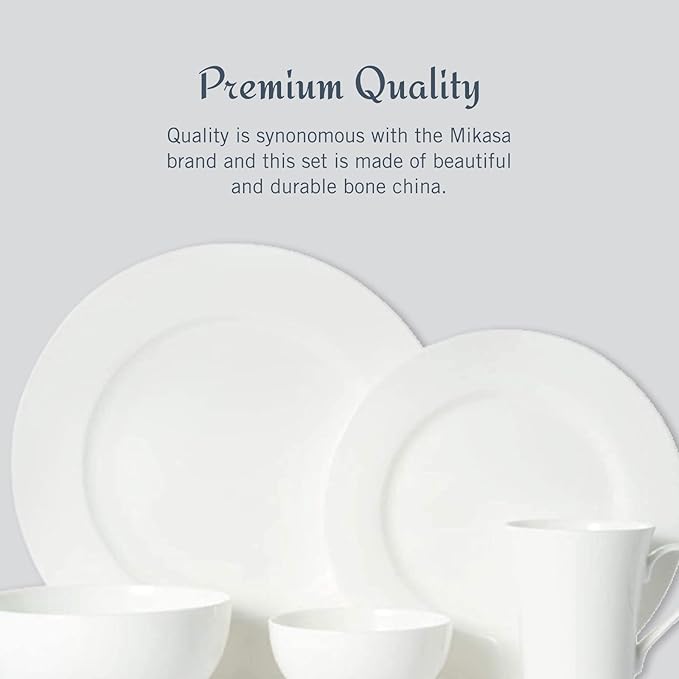 Mikasa Delray 40-Piece White Dinnerware Set Service for 8 Durable Porcelain Plates Bowls and Mugs Dishwasher and Microwave Safe