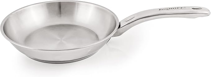 Berghoff Belly Shape18/10 Stainless Steel 3Pc Cookware Set Fry Pan 8 Inches Skillet 2.5qt. Glass Lid Fast Evenly Heat Induction Cooktop Ready Dishwasher Safe