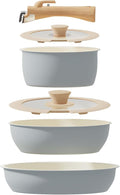 ShanSon 6 Pieces Kitchen Non-Stick Cookware Sets with Removable Handle Stackable Pots and Pans Set Nonstick for Induction Gas RVs Camping Space SavingGray