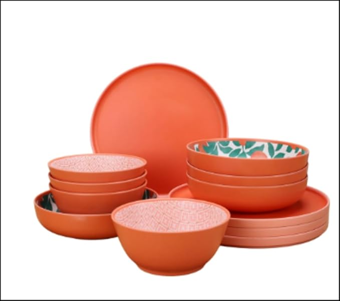 Bamboo Melamine Dinnerware Set 12-Piece – Orange &amp Green