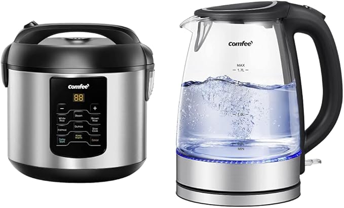 COMFEE' Rice Cooker Small 8 Cups Cooked(4 Cups Uncooked) 6-in-1 Stainless Steel Multi Cooker Slow Cooker Steamer &amp COMFEE' Glass Electric Tea Kettle &amp Hot Water Boiler 1.7L Bundle