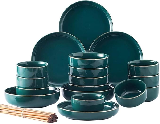 Dinner PlatesPottery Tableware26 Pieces Dark Green Phnom Penh Ceramic Dinner Set for 3-6 People