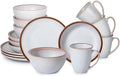 Table 12 Maldan Stoneware 16-Piece Dinnerware Set Service for 4 Coupe Shaped Dinnerware Reactive Glaze Off-White with Coffee Brown Rim Plates and Bowls Sets Dishwasher and Microwave Safe TD16YN