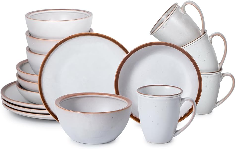 Table 12 Maldan Stoneware 16-Piece Dinnerware Set Service for 4 Coupe Shaped Dinnerware Reactive Glaze Off-White with Coffee Brown Rim Plates and Bowls Sets Dishwasher and Microwave Safe TD16YN