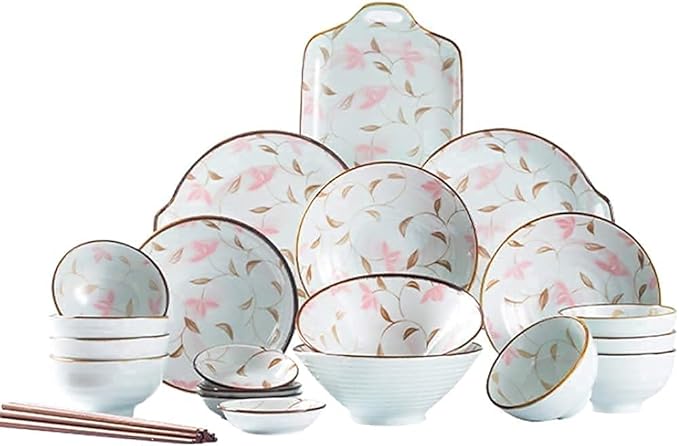 Dinnerware Set Kitchen And Dining 28-Piece Porcelain Underglaze Tableware Set Japanese Cherry Blossoms Ceramic Dishes Set With Bowls Plates Service For 8 Great Gift F