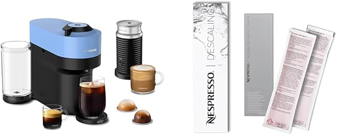 Nespresso Vertuo Pop+ Coffee and Espresso Machine by De'Longhi with Aeroccino Milk Frother Pacific Blue Descaling Kit