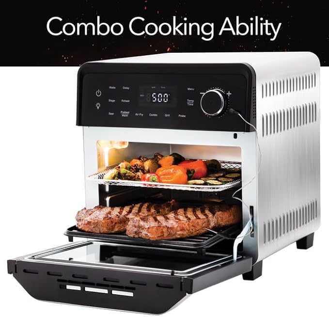 Nuwave Smart Air Fryer Oven with POWERPORT™ Plug-In Grill for Dual-Zone Efficient Cook 100 in 1 Advanced Convection Toaster Oven Countertop w/Insulated 2-Glass Door 450°F Preheat Stainless Steel